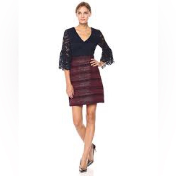 Nanette Lepore Dress Lace Sleeves Tweed Metallic Skirt Section V-neck Size 10 - Picture 11 of 11